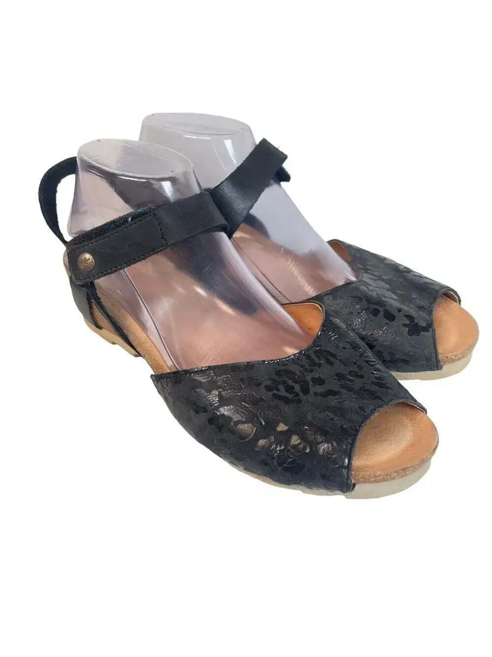 Wanda Panda Tina Black Leather Comfort Wedge Sandals Hook Loop Womens 9